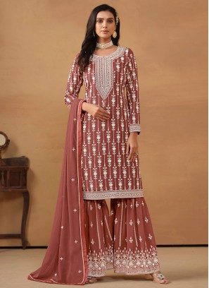 Prepossessing Embroidered Brown Faux Georgette Trendy Salwar Kameez