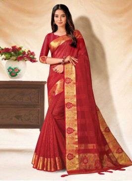 Prepossessing Red Embroidered Banarasi Silk Trendy Saree