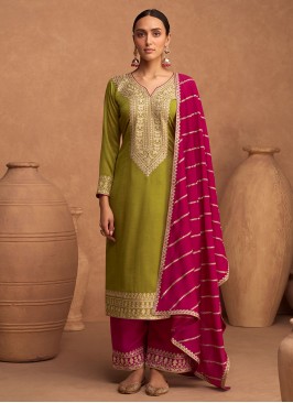 Pretty Embroidered Green and Rani Silk Pakistani Salwar Kameez
