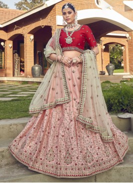 Pretty Embroidered Pink Satin A Line Lehenga Choli