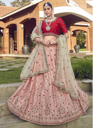 Pretty Embroidered Pink Satin A Line Lehenga Choli