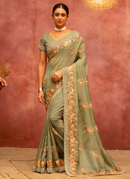 Pretty Embroidered Sea Green Classic Saree