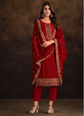 Pretty Georgette Red Trendy Salwar Kameez