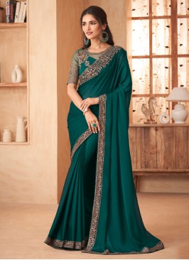 Pretty Green Embroidered Georgette Designer Saree