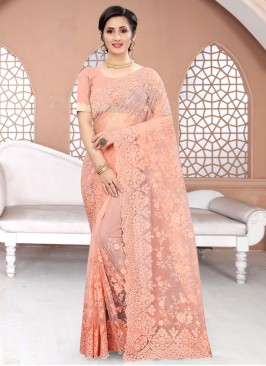 Pretty Net Peach Classic Designer Saree