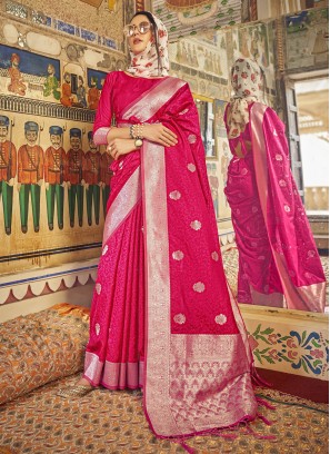 Pretty Pink Wowen Pattern Pure Satin SIlk Festive Wear Saree