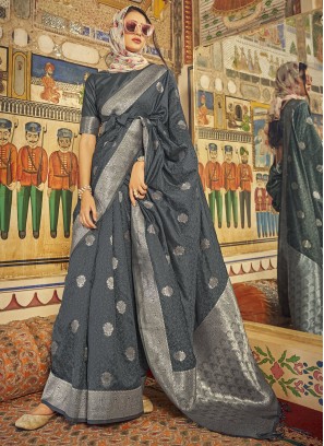 Pretty Grey Wowen Pattern Pure Satin SIlk Festive Wear Saree