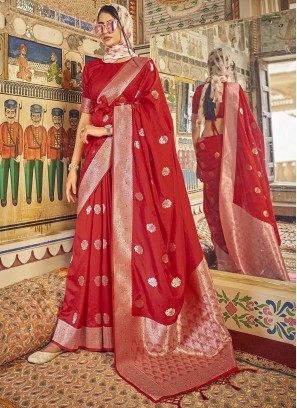 Pretty Red Wowen Pattern Pure Satin SIlk Festive Wear Saree