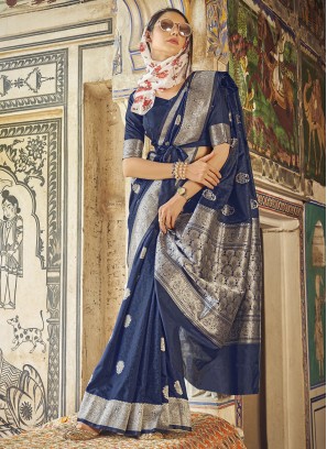 Pretty Navy Blue Wowen Pattern Pure Satin SIlk Festive Wear Saree
