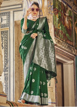 Pretty Green Wowen Pattern Pure Satin SIlk Festive Wear Saree