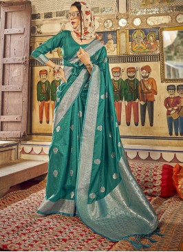 Pretty Sea Green Wowen Pattern Pure Satin SIlk Festive Wear Saree