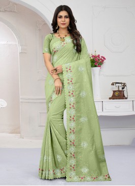 Pretty Sequins Organza Green Contemporary Saree