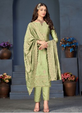 Pretty Vichitra Silk Green Embroidered Straight Salwar Kameez