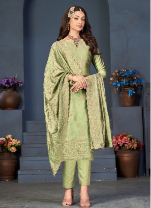 Pretty Vichitra Silk Green Embroidered Straight Salwar Kameez