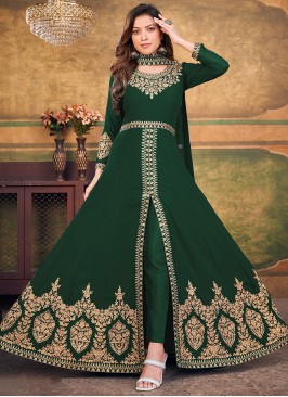Prime Embroidered Faux Georgette Green Salwar Kameez