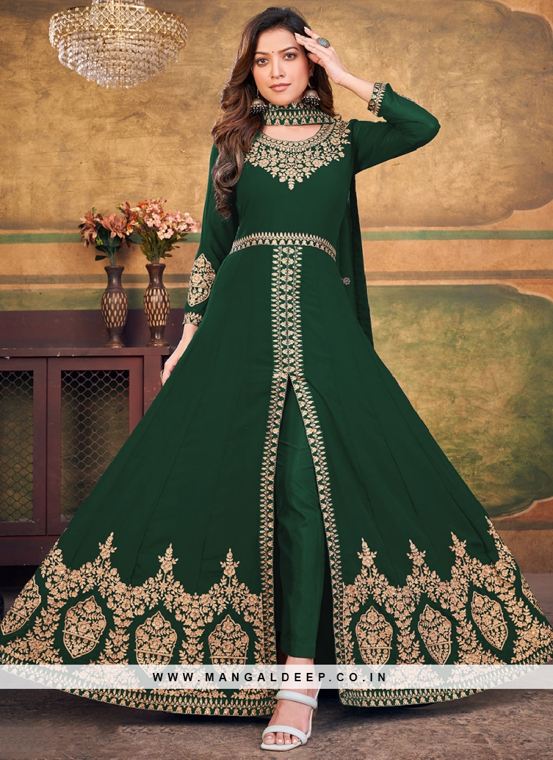 Fashion Guide Bottle Green Satin Straight Cut Eid Churidar Suit LSTV114998