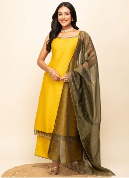Prime Silk Blend Printed Yellow Readymade Salwar Suit