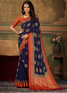 Prime Swarovski Navy Blue Silk Contemporary Saree