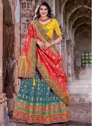 Prime Teal Weaving Trendy Lehenga Choli