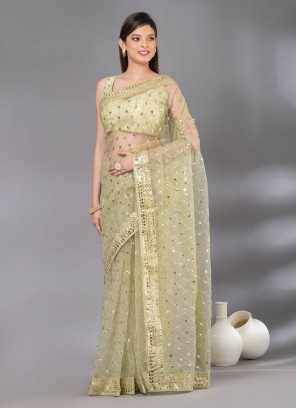 Princely Green Sequins Net Contemporary Saree