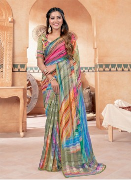 Print Chiffon Classic Saree in Multi Colour