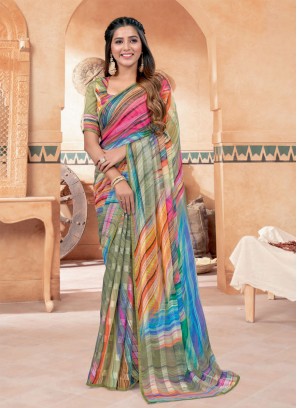 Print Chiffon Classic Saree in Multi Colour