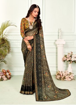 Printed Brasso Contemporary Style Saree in Multi Colour