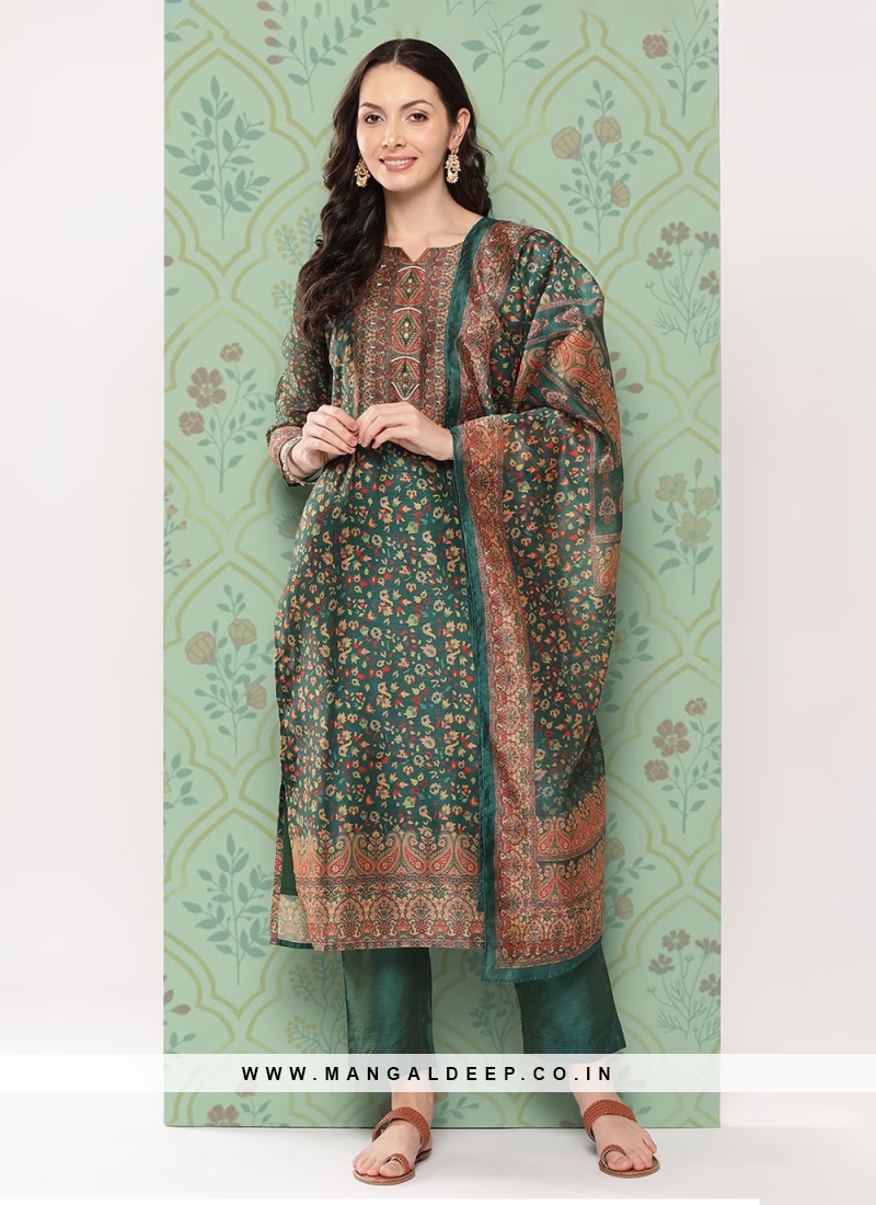 Printed Chanderi Cotton Pant Style Suit in Green