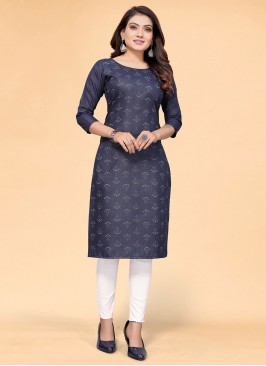 Printed Cotton Party Wear Kurti in Blue