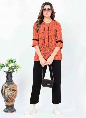 Printed Cotton Party Wear Kurti in Orange