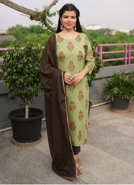 Printed Cotton Readymade Salwar Kameez in Sea Gree