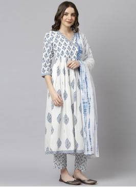 Printed Cotton Readymade Salwar Kameez in White