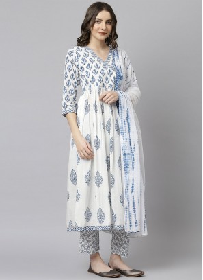 Printed Cotton Readymade Salwar Kameez in White
