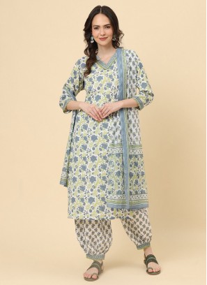 Printed Cotton Readymade Salwar Suit in Multi Colour