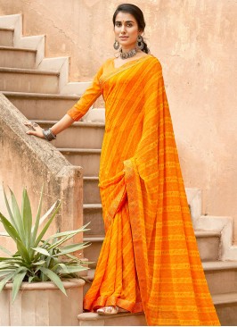 Printed Georgette Bandhani Saree in Mustard