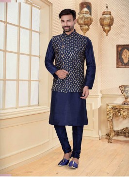 Printed Navy Blue Jacket with Kurta Set