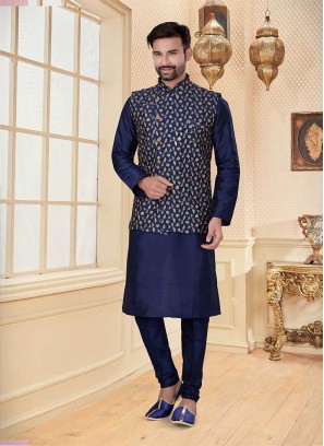 Printed Navy Blue Jacket with Kurta Set