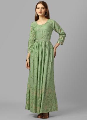 Printed Rayon Floor Length Gown in Green