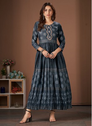 Printed Viscose Designer Kurti in Grey