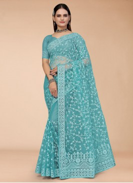 Pristine Aqua Blue Embroidered Net Classic Saree