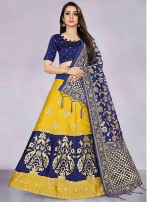 Pristine Banarasi Silk Navy Blue and Yellow Jacquard Work Trendy Lehenga Choli