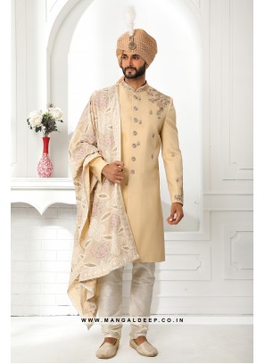 Pristine Beige Embroidered Art SIlk Wedding Wear Sherwani Set