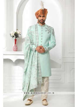 Pristine Pista Green Embroidered Art SIlk Wedding Wear Sherwani Set