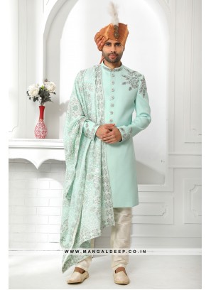 Pristine Pista Green Embroidered Art SIlk Wedding Wear Sherwani Set