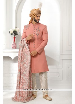 Pristine Dark Peach Embroidered Art SIlk Wedding Wear Sherwani Set