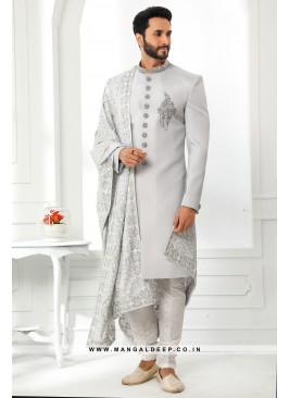 Pristine Grey Embroidered Art SIlk Wedding Wear Sherwani Set