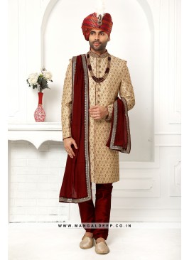 Pristine Beige Embroidered Art SIlk Wedding Wear Sherwani Set