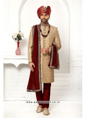 Pristine Beige Embroidered Art SIlk Wedding Wear Sherwani Set