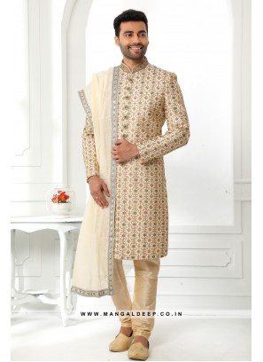 Pristine Cream Embroidered Art SIlk Wedding Wear Sherwani Set