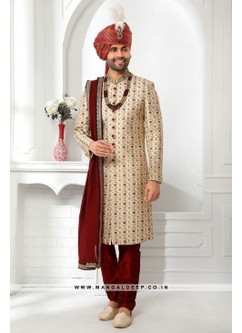 Pristine Cream Embroidered Art SIlk Wedding Wear Sherwani Set